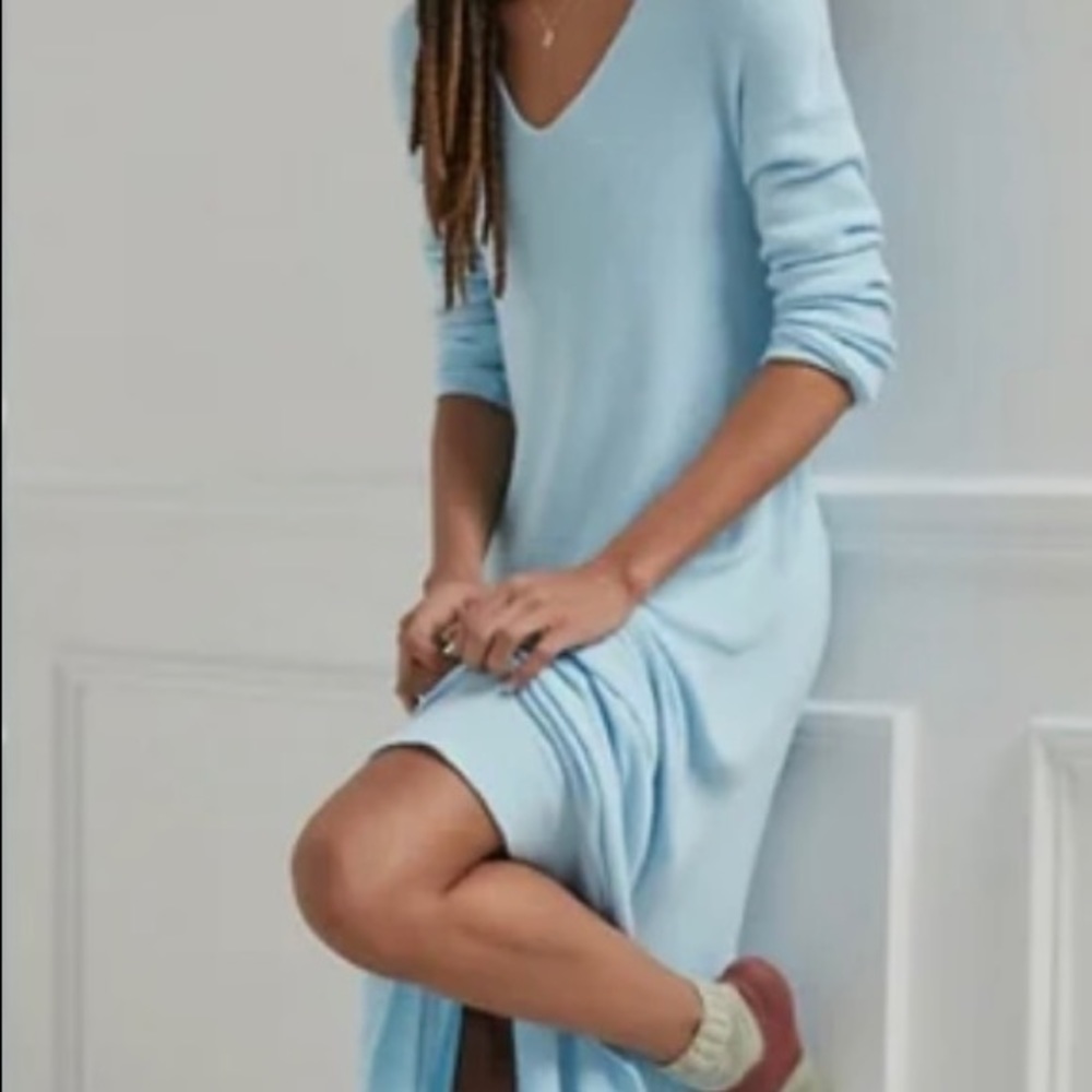 NWT Anthropologie Saturday Sunday Soft Ribbed Knit Ruffle Maxi Dress Blue Small